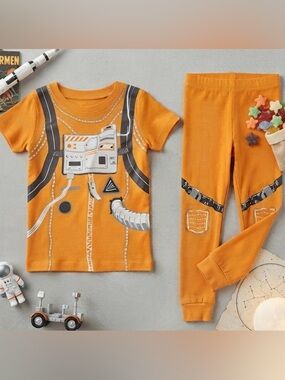 Old Navy 5T Astronaut Space Pajama Set Orange 2 Piece